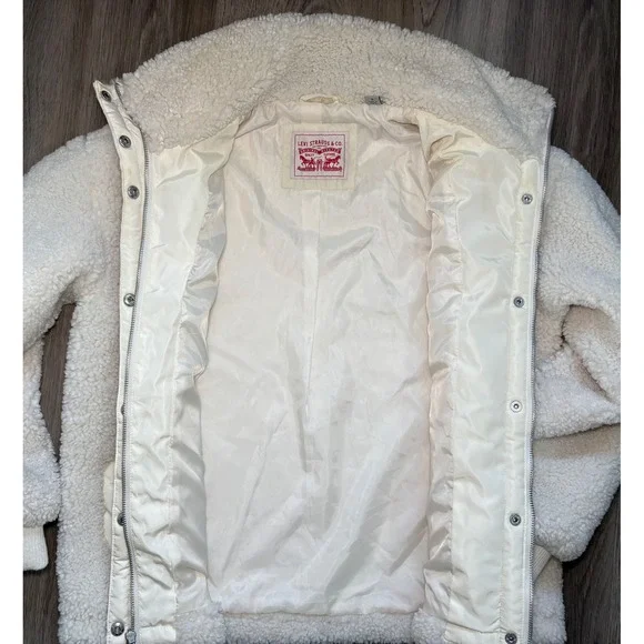 Levis Sherpa Fleece Jacket Cream Off White Geometric Trim Zip Up Womens Small - Picture 4 of 13